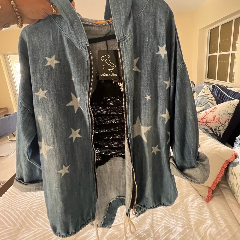 COPY - Star patterned jean jacket with hood.